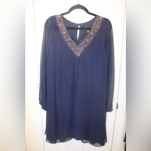 Betsy Adam Size 12 Navy Dress with Embellished V-Neckline & sheer long sleeves